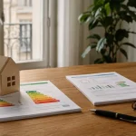 Technicien inspectant la façade d'une maison ancienne avec une tablette et un relevé thermique en main