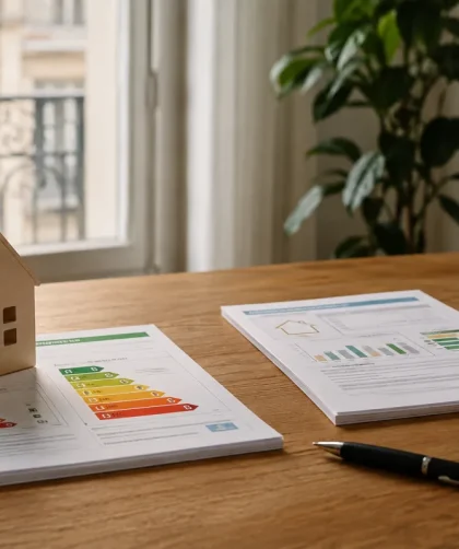 Technicien inspectant la façade d'une maison ancienne avec une tablette et un relevé thermique en main