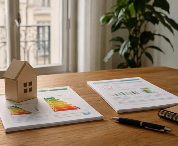 Technicien inspectant la façade d'une maison ancienne avec une tablette et un relevé thermique en main