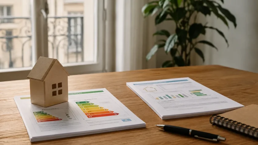 Technicien inspectant la façade d'une maison ancienne avec une tablette et un relevé thermique en main