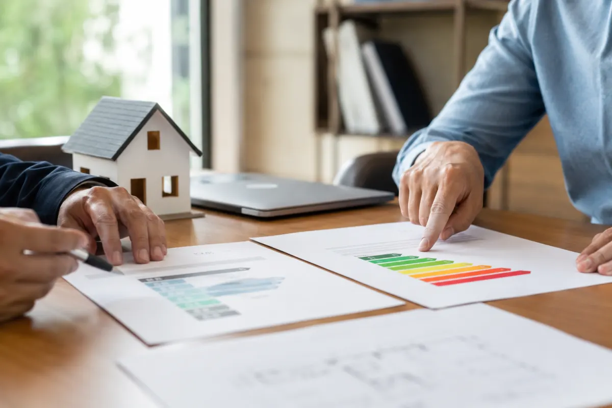 Gros plan sur un rapport d'audit énergétique posé sur une table avec des notes manuscrites et un stylo